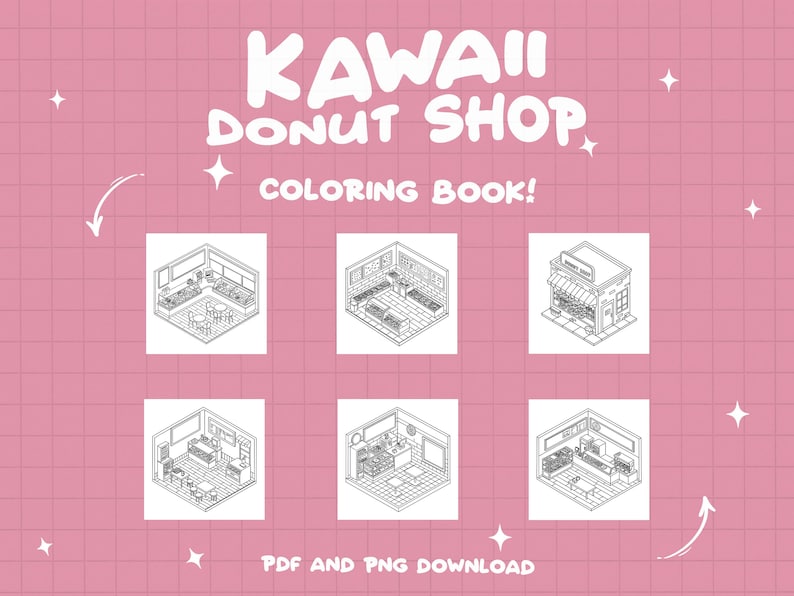 Pu&ograve; includere: Un libro da colorare in bianco e nero con sei diverse illustrazioni di una pasticceria kawaii di ciambelle. Le illustrazioni sono in stile isometrico e mostrano l'interno e l'esterno della pasticceria. Il titolo del libro &egrave; "Kawaii Donut Shop Coloring Book!" e il testo "PDF and PNG Download" &egrave; in fondo alla pagina.
