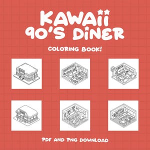 Puede incluir: Kawaii 90's Diner &iexcl;Libro para colorear! Descarga PDF y PNG. Seis ilustraciones en blanco y negro de un restaurante, vistas exteriores e interiores.