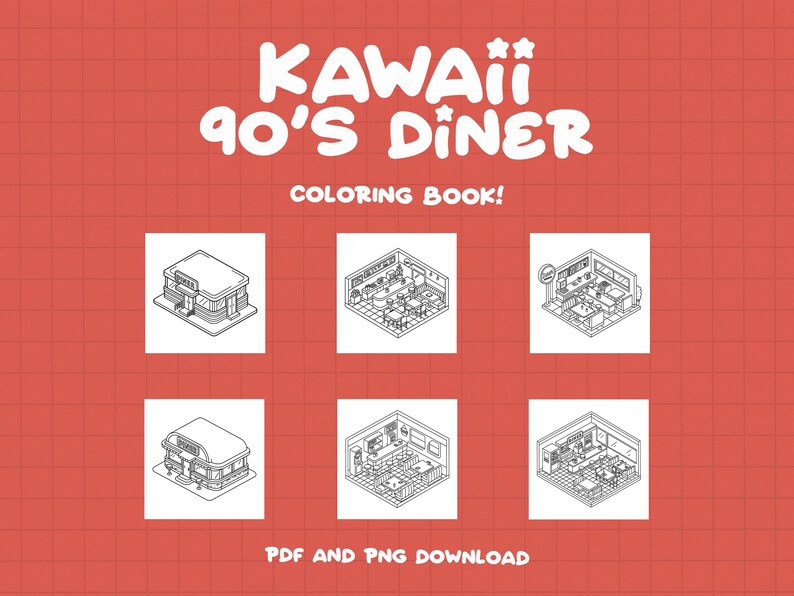 Puede incluir: Kawaii 90's Diner &iexcl;Libro para colorear! Descarga PDF y PNG. Seis ilustraciones en blanco y negro de un restaurante, vistas exteriores e interiores.