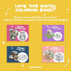 May include: Four digital coloring book covers featuring kawaii illustrations. The covers are pink, purple, light pink, and yellow. The illustrations include an Easter jar, an ice cream truck, a coffee cart, and a Japanese spa.