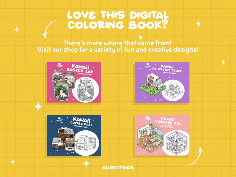 May include: Four digital coloring book covers featuring kawaii illustrations. The covers are pink, purple, light pink, and yellow. The illustrations include an Easter jar, an ice cream truck, a coffee cart, and a Japanese spa.