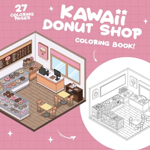 Pu&ograve; includere: Una pagina da colorare che presenta una pasticceria kawaii con uno schema di colori rosa e marrone. Il negozio ha un bancone, vetrine piene di ciambelle e tavoli e sedie per i clienti. Il testo "Kawaii Donut Shop Coloring Book!" &egrave; in cima alla pagina.