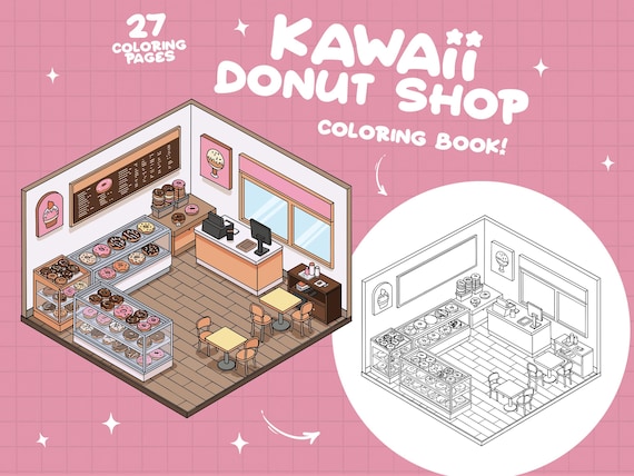 Donut Coloring Pages Shop Coloring Store Dessert Coloring Bakery Sweets Coloring Pastry Cafe Coloring Snack Cute Coloring Book Adult Teens