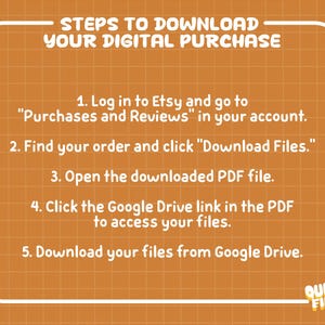 May include: An orange graphic with a white grid pattern and white text titled STEPS TO DOWNLOAD YOUR DIGITAL PURCHASE. It lists five numbered instructions for accessing files via Etsy, a PDF, and Google Drive, ending with the logo QUIRKY FINDS.