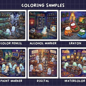 May include: A grid of six square illustrations titled COLORING SAMPLES, showcasing different artistic mediums: Color Pencil, Alcohol Marker, Crayon, Paint Marker, Digital, and Watercolor. Each panel depicts various scenes with ghosts.