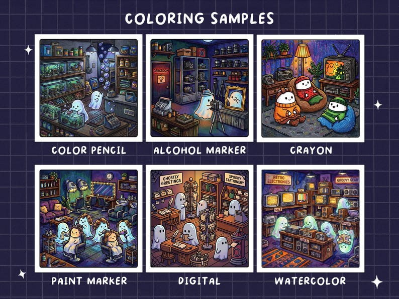 May include: A grid of six square illustrations titled COLORING SAMPLES, showcasing different artistic mediums: Color Pencil, Alcohol Marker, Crayon, Paint Marker, Digital, and Watercolor. Each panel depicts various scenes with ghosts.