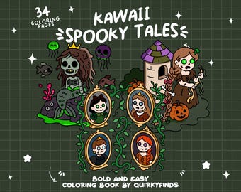 May include: A coloring book titled "KAWAII SPOOKY TALES" with 34 coloring pages. The cover features cartoon illustrations of spooky characters, including a mermaid, a princess, and a pumpkin. The background is a dark green grid with white stars.
