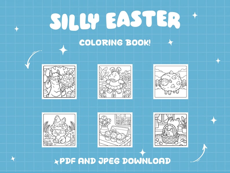 Puede incluir: Un fondo azul con las palabras blancas "SILLY EASTER COLORING BOOK!". La imagen presenta seis ilustraciones en blanco y negro de personajes con tem&aacute;tica de Pascua, incluyendo una llama, un conejo, una oveja, un zorro y un gato. El texto en la parte inferior dice "PDF AND JPEG DOWNLOAD."