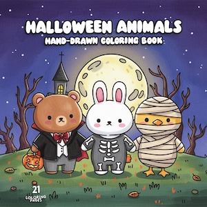 May include: A Halloween-themed colouring book with the title "Halloween Animals" and the text "Hand-Drawn Colouring Book." The cover features a bear dressed as a vampire, a rabbit in a skeleton costume, and a chick as a mummy, set against a night sky with a full moon.