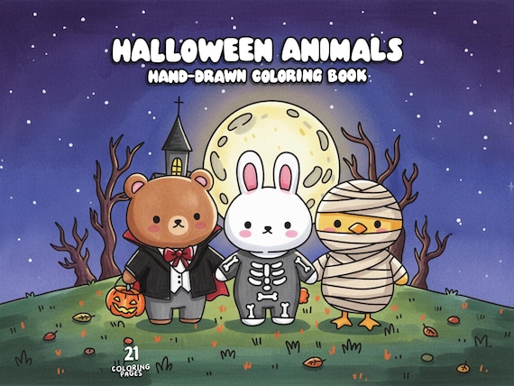 Cute halloween animals coloring book spooky cute coloring creepy kawaii coloring fun hand drawn coloring pages for kids adults printable