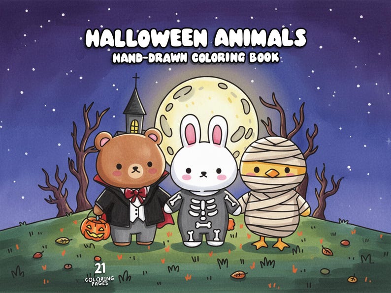 May include: A Halloween-themed colouring book with the title "Halloween Animals" and the text "Hand-Drawn Colouring Book." The cover features a bear dressed as a vampire, a rabbit in a skeleton costume, and a chick as a mummy, set against a night sky with a full moon.