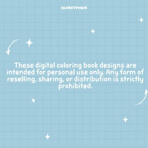 May include: A light blue background with a white grid pattern. White stars and arrows are scattered across the background. The text reads: "These digital coloring book designs are intended for personal use only. Any form of reselling, sharing, or distribution is strictly prohibited."