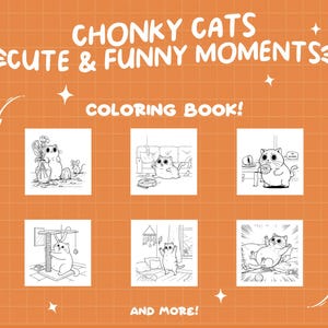 May include: Black and white colouring book featuring illustrations of cute, chubby cats in various poses. The cover features the title "CHONKY CATS CUTE & FUNNY MOMENTS COLOURING BOOK!" and the text "AND MORE!"
