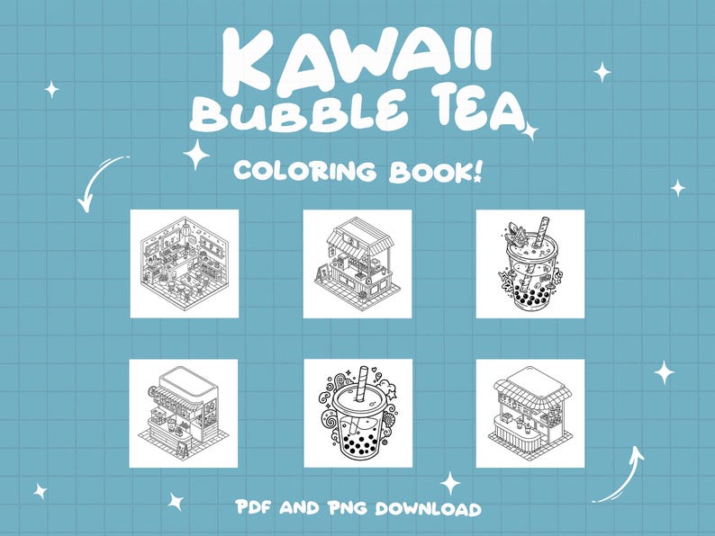 Puede incluir: P&aacute;ginas para colorear en blanco y negro con ilustraciones de tiendas y bebidas de bubble tea kawaii. El t&iacute;tulo del libro es "Kawaii Bubble Tea Coloring Book!" con el texto "PDF and PNG Download" en la parte inferior.