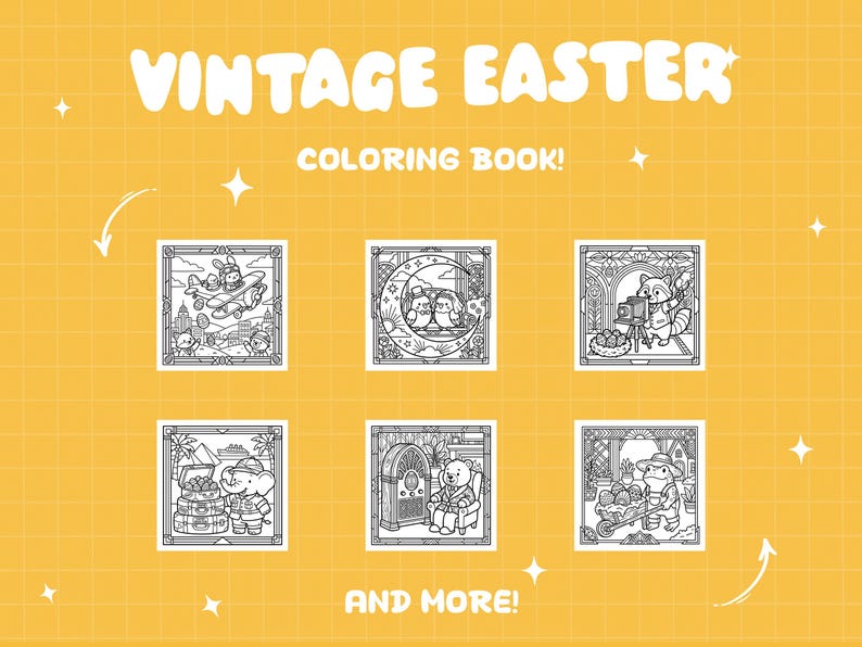 May include: A yellow background with the words "VINTAGE EASTER COLORING BOOK!" and "AND MORE!" in white. The image features six black and white illustrations of Easter-themed characters, such as bunnies and raccoons.