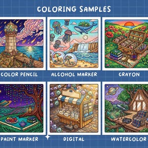 May include: A collection of six colorful illustrations labeled "Coloring Samples." Each image showcases a different coloring style: color pencil, alcohol marker, crayon, paint marker, digital, and watercolor. The images depict various scenes, including a lighthouse, a whale, and a cozy cabin.