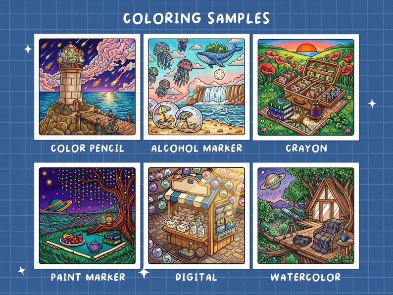 May include: A collection of six colorful illustrations labeled "Coloring Samples." Each image showcases a different coloring style: color pencil, alcohol marker, crayon, paint marker, digital, and watercolor. The images depict various scenes, including a lighthouse, a whale, and a cozy cabin.