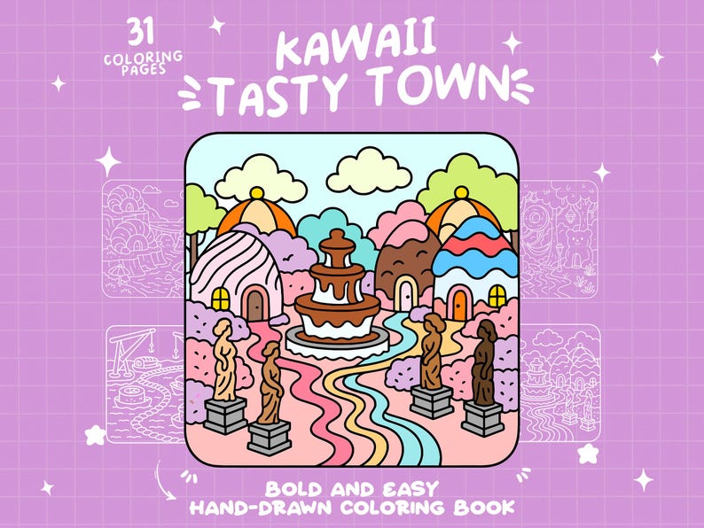 May include: A coloring book titled "KAWAII TASTY TOWN" with 31 coloring pages. The cover features a colorful illustration of a whimsical town with a chocolate fountain, statues, and candy-like buildings. The text "BOLD AND EASY HAND-DRAWN COLORING BOOK" is also included.