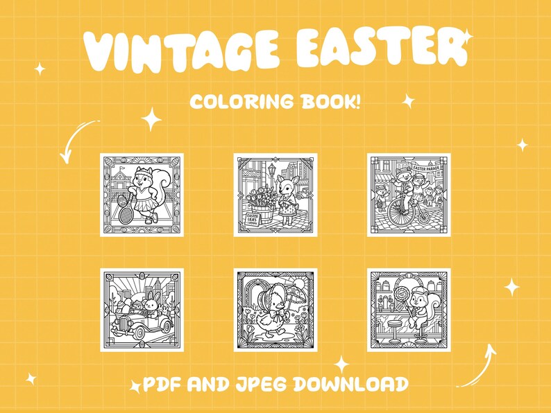 May include: A yellow background with the text "VINTAGE EASTER COLORING BOOK!" in white. Six black and white illustrations of animals in Easter scenes are displayed. The bottom text reads "PDF AND JPEG DOWNLOAD".