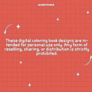 Puede incluir: Un fondo rojo con un patr&oacute;n de cuadr&iacute;cula blanca y texto blanco que dice "QUIRKYFINDS" en la parte superior. El texto "Estos dise&ntilde;os de libros para colorear digitales est&aacute;n destinados para uso personal &uacute;nicamente. Cualquier forma de reventa, intercambio o distribuci&oacute;n est&aacute; estrictamente prohibida." est&aacute; en el centro de la imagen.