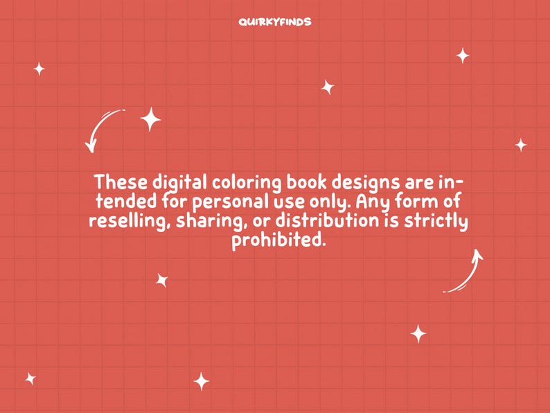 Puede incluir: Un fondo rojo con un patr&oacute;n de cuadr&iacute;cula blanca y texto blanco que dice "QUIRKYFINDS" en la parte superior. El texto "Estos dise&ntilde;os de libros para colorear digitales est&aacute;n destinados para uso personal &uacute;nicamente. Cualquier forma de reventa, intercambio o distribuci&oacute;n est&aacute; estrictamente prohibida." est&aacute; en el centro de la imagen.