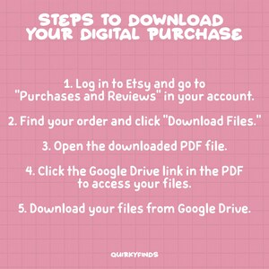 Pu&ograve; includere: Uno sfondo rosa a griglia con testo bianco che delinea i passaggi per scaricare un acquisto digitale da Etsy. I passaggi includono l'accesso a Etsy, la ricerca del tuo ordine, il clic su "Scarica file", l'apertura del file PDF, il clic sul collegamento di Google Drive e il download dei file da Google Drive.
