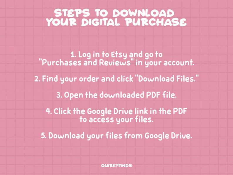 Pu&ograve; includere: Uno sfondo rosa a griglia con testo bianco che delinea i passaggi per scaricare un acquisto digitale da Etsy. I passaggi includono l'accesso a Etsy, la ricerca del tuo ordine, il clic su "Scarica file", l'apertura del file PDF, il clic sul collegamento di Google Drive e il download dei file da Google Drive.