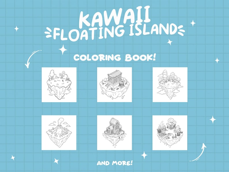 Peut inclure: Pages de coloriage en noir et blanc repr&eacute;sentant de jolies &icirc;les flottantes de style cartoon avec diff&eacute;rents b&acirc;timents et paysages. Le titre du livre est "Kawaii Floating Island Coloring Book!" et le texte "And More!" appara&icirc;t en bas.
