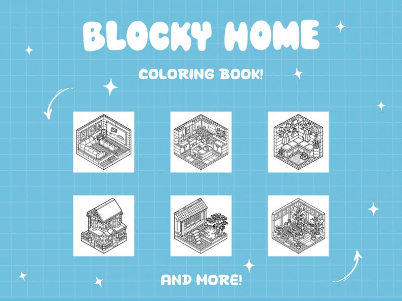 K&ouml;nnte beinhalten: Ein hellblauer Hintergrund mit den Worten "BLOCKY HOME" und "COLORING BOOK!" in wei&szlig;er, cartoonartiger Schrift. Das Bild zeigt sechs Schwarz-Wei&szlig;-Strichzeichnungen von R&auml;umen und Geb&auml;uden mit den Worten "AND MORE!" unten.