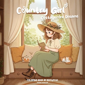 May include: An illustration of a person reading a book by a window, wearing a hat and a long skirt. The image has the text "Country Girl Cottagecore Dreams" and "Coloring Book by Quirky Finds". A cat is curled up nearby.