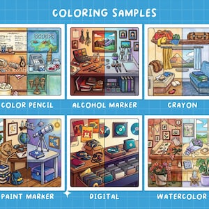 K&ouml;nnte beinhalten: Eine farbenfrohe Illustration mit dem Titel &bdquo;COLORING SAMPLES&ldquo;, die sechs verschiedene Maltechniken zeigt: Farbstift, Alkoholmarker, Kreide, Paintmarker, Digital und Aquarell. Jede Technik wird mit einem geteilten Bild demonstriert, das das Vorher und Nachher des Ausmalens hervorhebt.