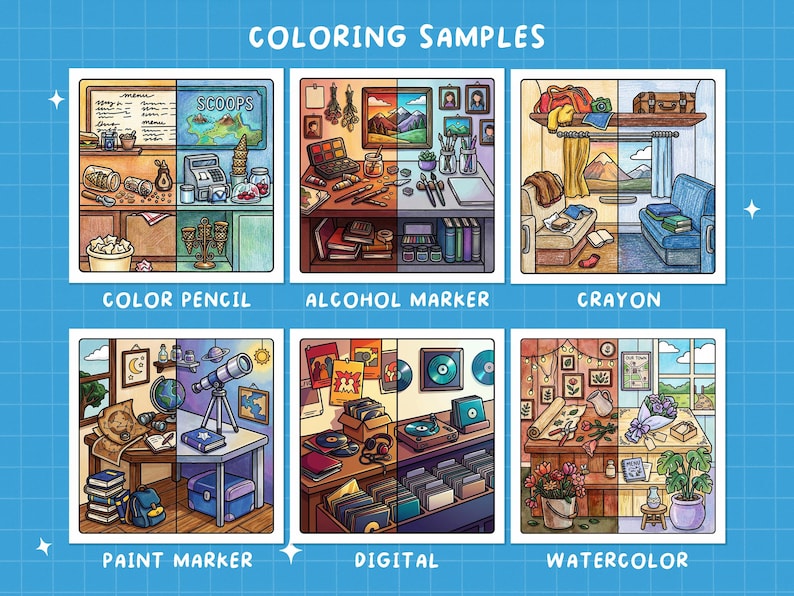 K&ouml;nnte beinhalten: Eine farbenfrohe Illustration mit dem Titel &bdquo;COLORING SAMPLES&ldquo;, die sechs verschiedene Maltechniken zeigt: Farbstift, Alkoholmarker, Kreide, Paintmarker, Digital und Aquarell. Jede Technik wird mit einem geteilten Bild demonstriert, das das Vorher und Nachher des Ausmalens hervorhebt.