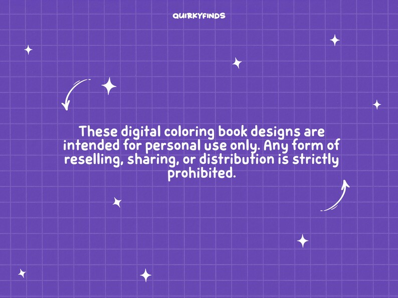 Peut inclure: Fond violet avec un motif de grille blanche et des &eacute;toiles blanches. Le texte indique : "Ces dessins de livres de coloriage num&eacute;riques sont destin&eacute;s &agrave; un usage personnel uniquement. Toute forme de revente, de partage ou de distribution est strictement interdite."