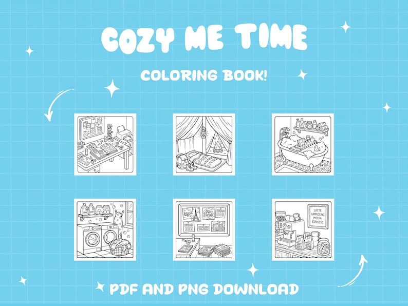 Może przedstawiać: Czarno-biała okładka kolorowanki z tekstem "COZY ME TIME COLORING BOOK!" i "PDF AND PNG DOWNLOAD". Okładka zawiera sześć ilustrowanych scen przytulnych aktywności, takich jak biurko, ł&oacute;żko, wanna, pralnia, scena podr&oacute;ży i stacja kawowa.