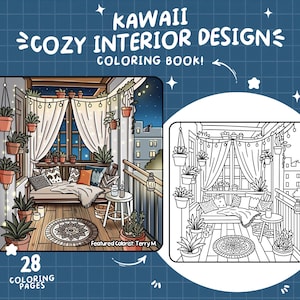 Könnte beinhalten: Ein Malbuchcover mit dem Text "KAWAII COZY INTERIOR DESIGN COLORING BOOK!" mit einer gemütlichen Balkonszene mit Pflanzen, Kissen und Lichterketten. Enthält 28 Ausmalseiten.