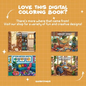 Puede incluir: Un gr&aacute;fico promocional de libro para colorear digital sobre un fondo de cuadr&iacute;cula color mostaza con el texto LOVE THIS DIGITAL COLORING BOOK? There's more where that came from! Visit our shop for a variety of fun and creative designs! QUIRKYFINDS. Se muestran cuatro escenas ilustradas: Cozy Chaos, Homebody Summer, Funky Floral y Cozy Campus.