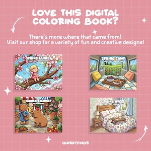 May include: Pink background with the text "LOVE THIS DIGITAL COLORING BOOK?" and "There's more where that came from! Visit our shop for a variety of fun and creative designs!". Four digital coloring book covers are displayed, including "SPRING FAIRIES".