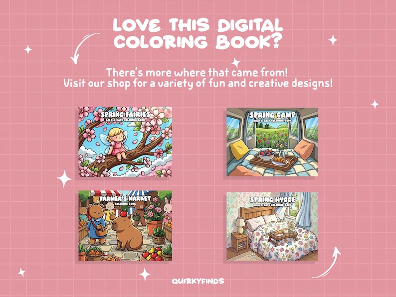 May include: Pink background with the text "LOVE THIS DIGITAL COLORING BOOK?" and "There's more where that came from! Visit our shop for a variety of fun and creative designs!". Four digital coloring book covers are displayed, including "SPRING FAIRIES".