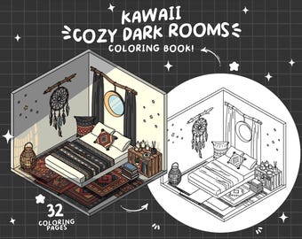 May include: An illustration of a coloring book titled "Kawaii Cozy Dark Rooms." The image shows a cozy bedroom scene with a bed, rugs, and decorative items. The book contains 32 coloring pages.