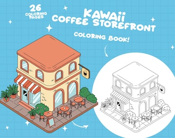 Cafetería para colorear, escaparate para colorear, libro para colorear de cafetería, tienda para colorear, edificio de cafetería para colorear, páginas para colorear acogedoras para adultos imprimibles