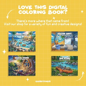 May include: A yellow background with four colorful digital coloring book covers. The covers feature illustrations of an aqua park, a van with a beach and snowy mountain scene, a cabin in a magical summer setting, and a fishing scene.