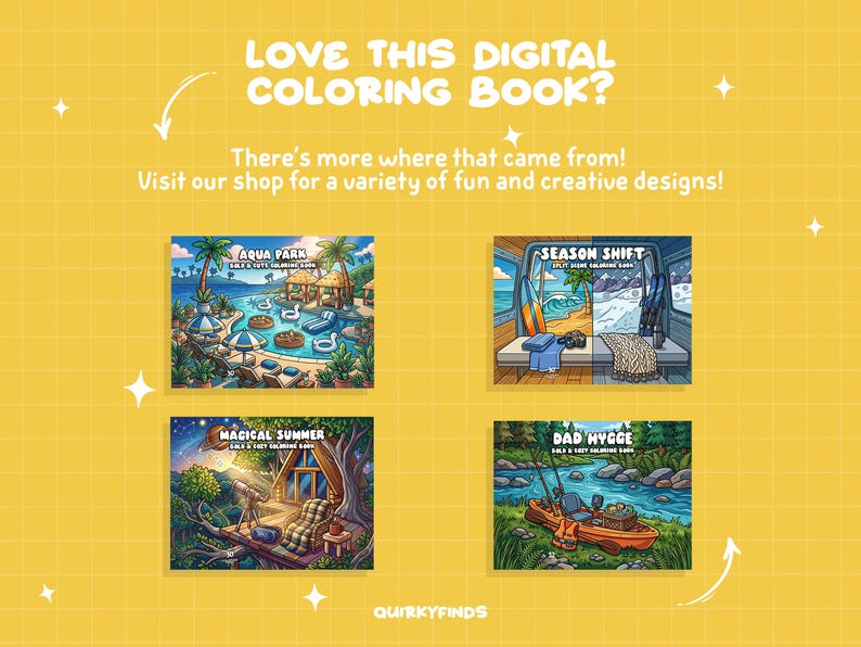 May include: A yellow background with four colorful digital coloring book covers. The covers feature illustrations of an aqua park, a van with a beach and snowy mountain scene, a cabin in a magical summer setting, and a fishing scene.