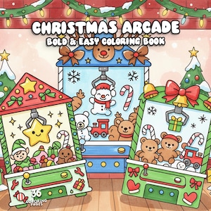 Puede incluir: Ilustración colorida de un libro para colorear con temática de arcade navideño. La portada presenta dos máquinas de garra llenas de juguetes, bastones de caramelo y regalos temáticos de las fiestas. El título "Christmas Arcade" se muestra en la parte superior.