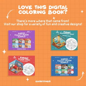 May include: Four digital coloring book covers featuring kawaii illustrations of rooms. The covers are purple, blue, red, and blue. The text on the covers reads "Kawaii Pocket Room Bundle!" and "Kawaii Beachfront Room Coloring Book!"