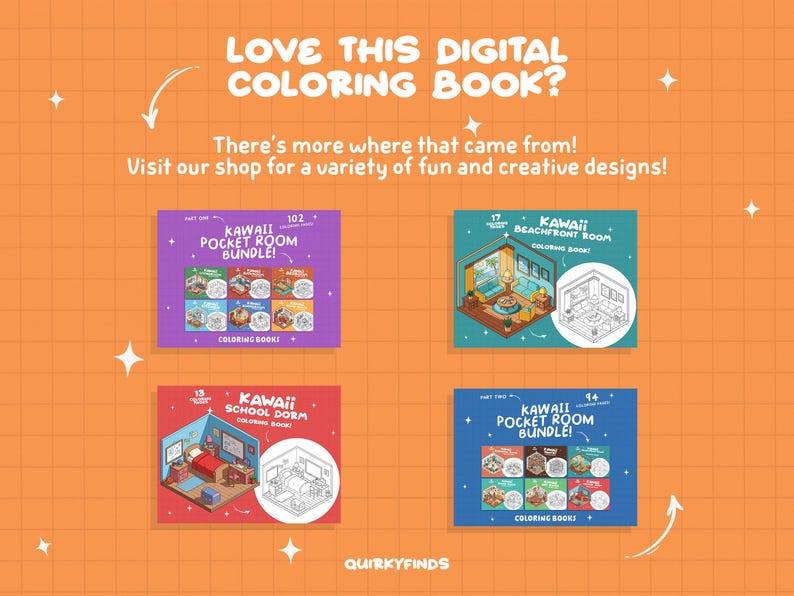 May include: Four digital coloring book covers featuring kawaii illustrations of rooms. The covers are purple, blue, red, and blue. The text on the covers reads "Kawaii Pocket Room Bundle!" and "Kawaii Beachfront Room Coloring Book!"