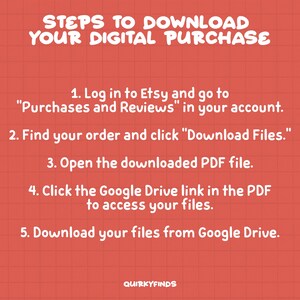 Puede incluir: Un gr&aacute;fico rojo y blanco con un fondo de cuadr&iacute;cula. El texto "STEPS TO DOWNLOAD YOUR DIGITAL PURCHASE" est&aacute; en letras blancas en negrita. Los pasos est&aacute;n numerados del 1 al 5, con instrucciones sobre c&oacute;mo descargar compras digitales de Etsy.