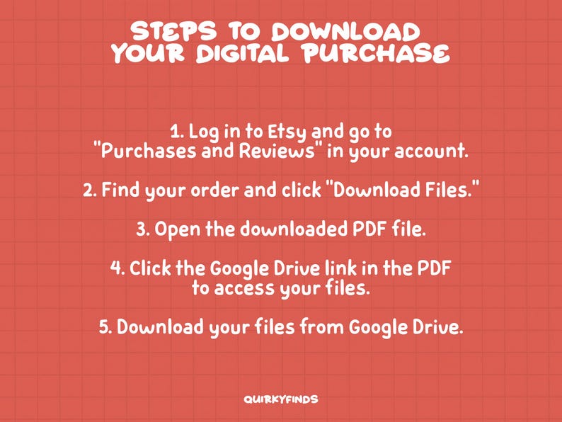Puede incluir: Un gr&aacute;fico rojo y blanco con un fondo de cuadr&iacute;cula. El texto "STEPS TO DOWNLOAD YOUR DIGITAL PURCHASE" est&aacute; en letras blancas en negrita. Los pasos est&aacute;n numerados del 1 al 5, con instrucciones sobre c&oacute;mo descargar compras digitales de Etsy.
