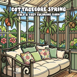 May include: A cozy illustration of a sunroom with a wrought iron daybed adorned with pillows. The room features hanging plants, large windows overlooking a garden, and the text "COTTAGECORE SPRING BOLD & COZY COLORING BOOK".
