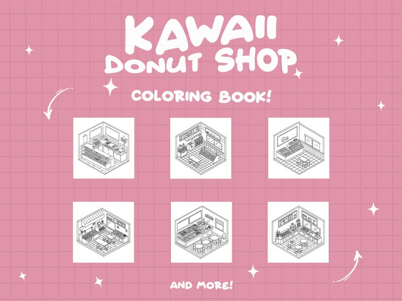 Pu&ograve; includere: Kawaii Donut Shop Coloring Book! Un libro da colorare in bianco e nero con sei diverse illustrazioni dell'interno di una pasticceria di ciambelle. Le illustrazioni sono in stile isometrico e includono dettagli come banconi, scaffali e tavoli. Il testo "Kawaii Donut Shop Coloring Book!" &egrave; scritto in un font giocoso nella parte superiore della pagina.