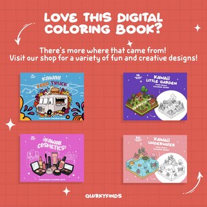 Puede incluir: Cuatro portadas de libros de colorear digitales con ilustraciones kawaii. Las portadas se titulan "Kawaii Food Truck", "Kawaii Little Garden", "Kawaii Cosmetics" y "Kawaii Underwater".